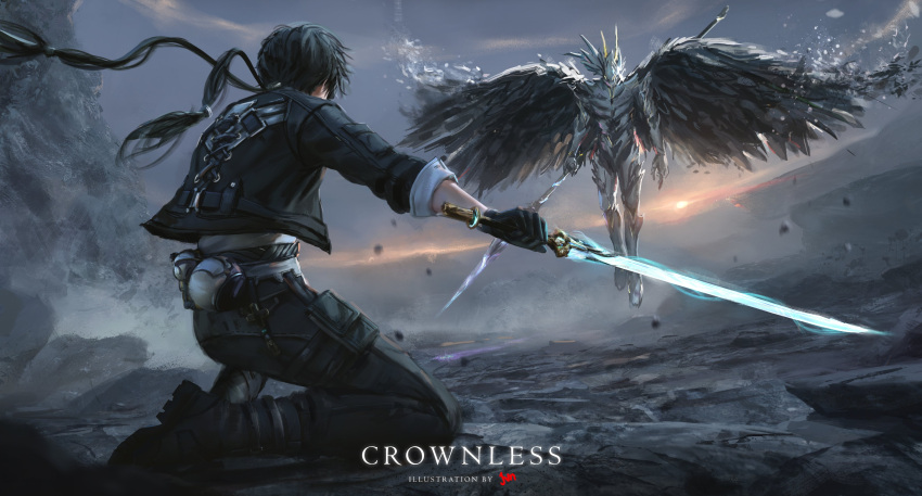 1boy, 1other, absurdres, artist_name, belt, black_belt, black_footwear, black_gloves