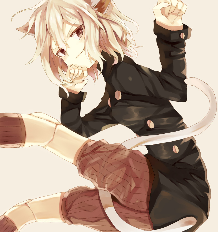 1other, animal_ears, black_shirt, brown_eyes, brown_shorts, brown_socks, cat_ears, cat_tail