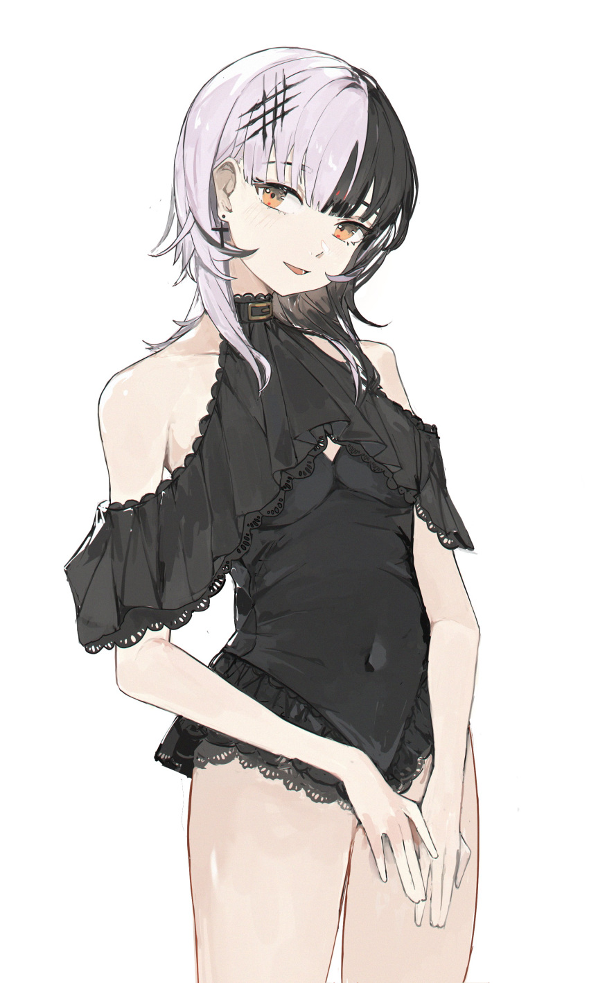 1girl, absurdres, armpit_cutout, bare_shoulders, black_hair, blue_one-piece_swimsuit, blunt_bangs, clothing_cutout