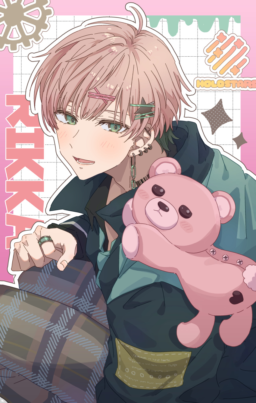 1boy, absurdres, bishounen, blush, border, character_name, commentary_request, copyright_name, ear_piercing, earrings, eyelashes, from_side, green_eyes, hair_ornament, hairpin, highres, holostars, jacket, jewelry, looking_at_viewer, male_focus, meroriimu, multiple_hairpins, open_mouth, outline, pants, paperclip_earrings, piercing, pink_border, pink_hair, plaid, plaid_pants, rikka_(holostars), ring, short_hair, smile, solo, squatting, star_(symbol), stuffed_animal, stuffed_toy, teddy_bear, virtual_youtuber, white_outline