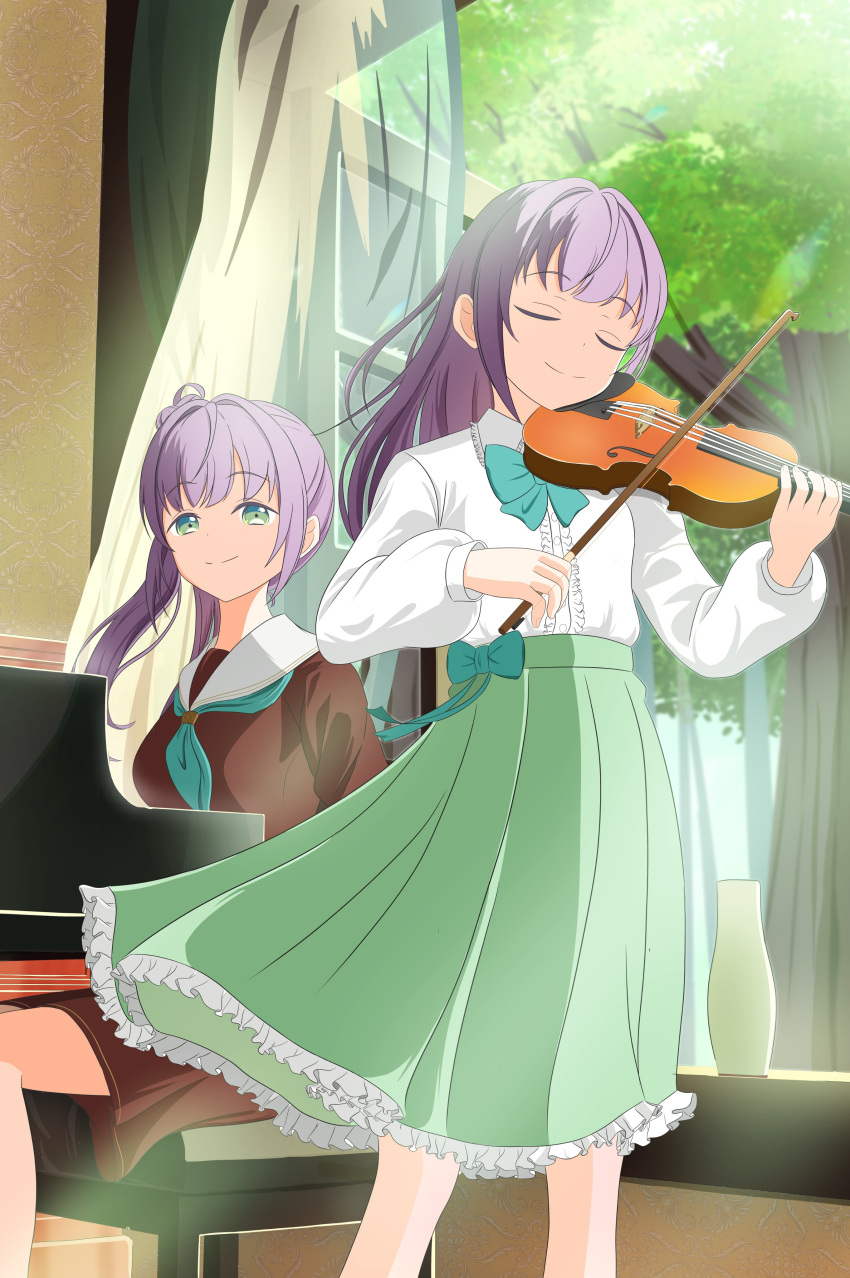2girls, absurdres, aged_down, aqua_bow, aqua_bowtie, aqua_neckerchief, blurry, blurry_background