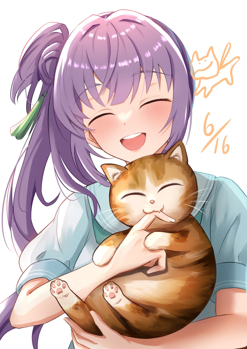 1girl, ^_^, absurdres, animal, aqua_neckerchief, biting, blush, cat