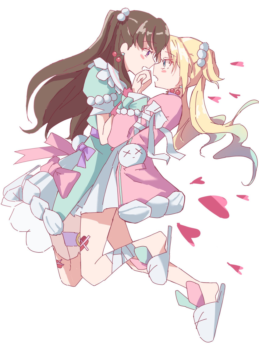 2girls, animal_slippers, aqua_dress, bandaged_leg, bandages, blonde_hair, blue_eyes, blue_hair, blush_stickers, bow, brown_hair, check_commentary, commentary_request, cross-laced_clothes, cross-laced_sleeves, dress, dress_bow, face-to-face, fang, fujishima_megumi, full_body, gradient_hair, hakuchu_a_la_mode_(love_live!), heart, highres, holding_hands, interlocked_fingers, legs_up, light_blue_hair, link!_like!_love_live!, long_hair, long_sleeves, love_live!, mira-cra_park!, multicolored_hair, multiple_girls, myuu_(mmyu_ull), official_alternate_costume, osawa_rurino, pink_bow, pink_dress, profile, puffy_long_sleeves, puffy_short_sleeves, puffy_sleeves, short_dress, short_sleeves, simple_background, skin_fang, slippers, twintails, two_side_up, violet_eyes, virtual_youtuber, white_background, white_footwear, x_x