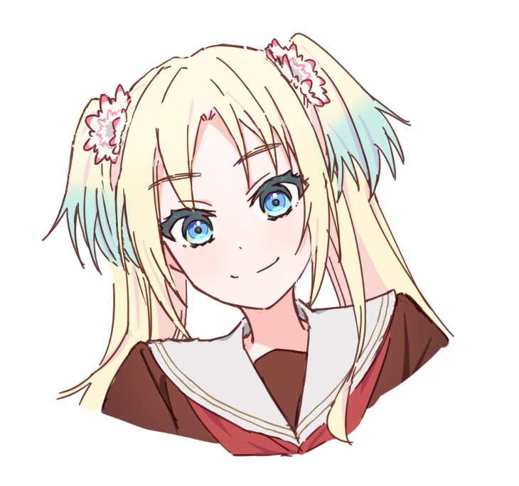 1girl, amane61115, blonde_hair, blue_eyes, blue_hair, closed_mouth, commentary, cropped_shoulders, flower, gradient_hair, hair_flower, hair_ornament, hasu_no_sora_school_uniform, light_blue_hair, link!_like!_love_live!, long_hair, looking_at_viewer, love_live!, multicolored_hair, neckerchief, osawa_rurino, parted_bangs, pink_flower, red_neckerchief, sailor_collar, school_uniform, simple_background, smile, solo, split_mouth, symbol-only_commentary, twintails, upper_body, virtual_youtuber, white_background, white_flower, white_sailor_collar, winter_uniform
