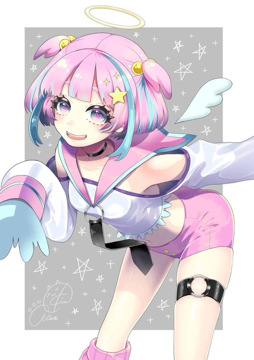 1girl, angel_wings, arm_behind_back, bare_shoulders, belt, black_choker, blue_hair, blue_trim