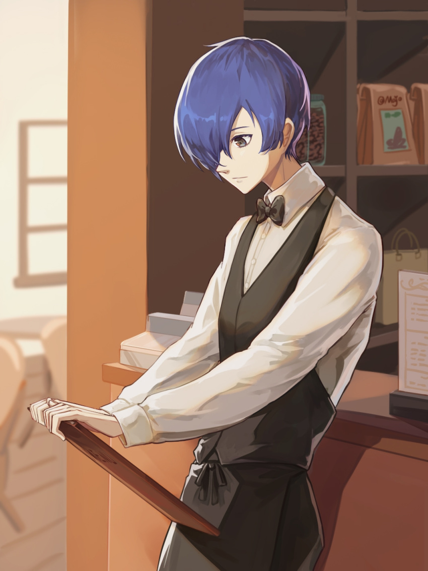 1boy, black_bow, black_bowtie, blue_hair, bow, bowtie, clipboard, closed_mouth