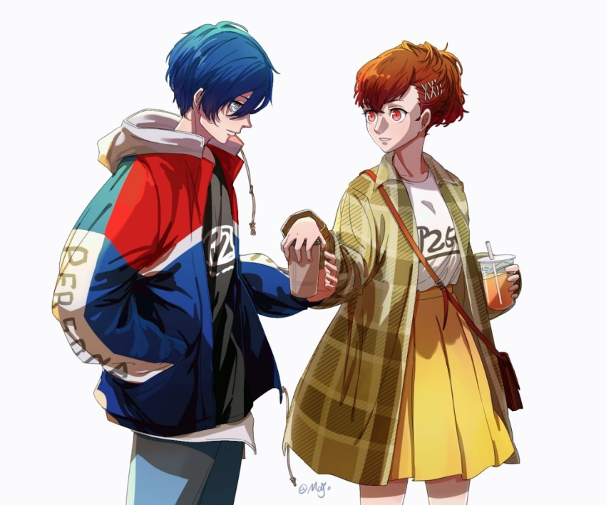 1boy, 1girl, blue_eyes, blue_hair, brown_hair, casual, commentary_request, copyright_name