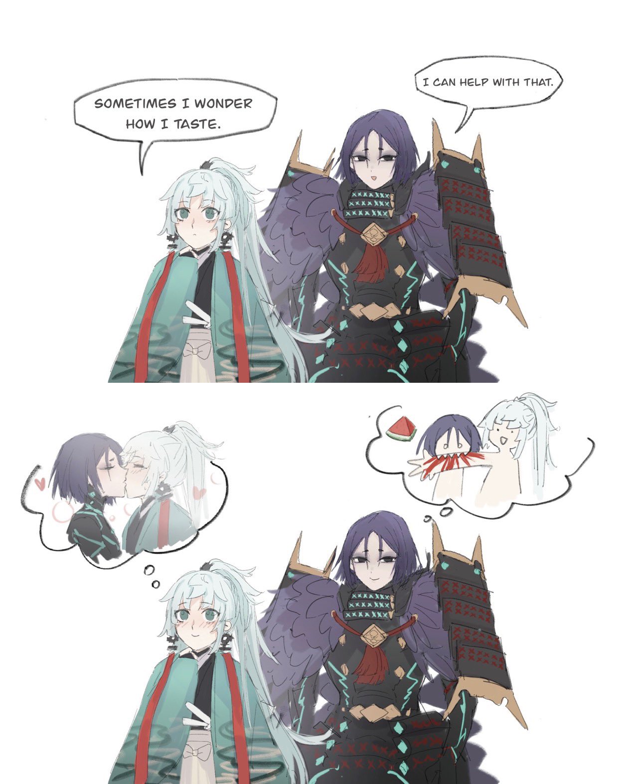 2girls, aqua_haori, armor, biting, blood, blush, earrings, english_text