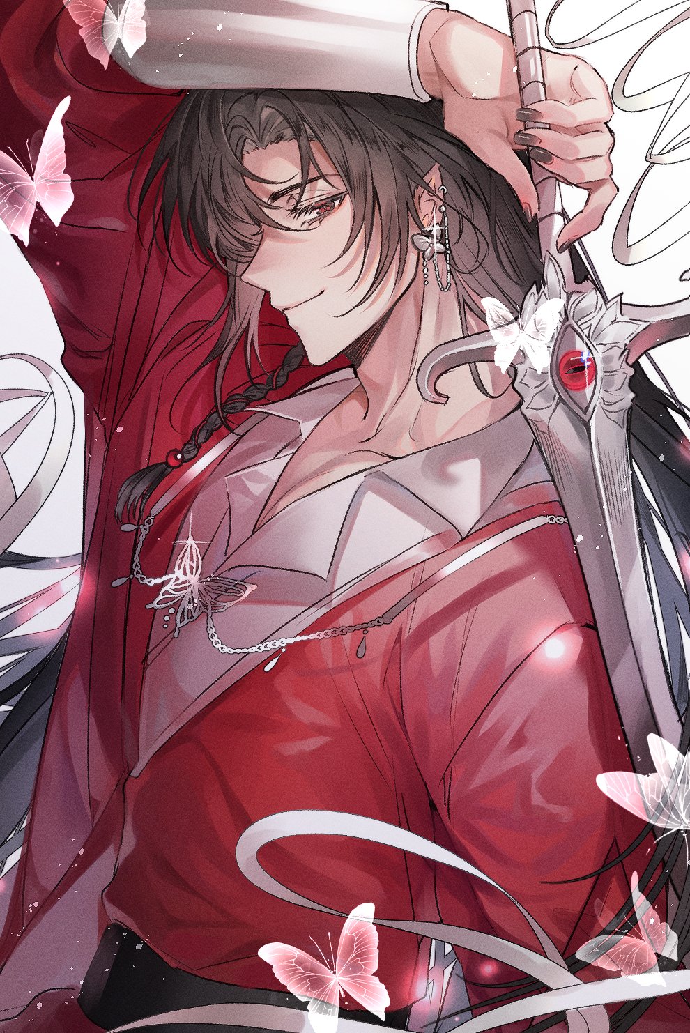 1boy, bishounen, black_hair, braid, bug, butterfly, butterfly_earrings, butterfly_necklace, chinese_clothes, earrings, glowing_butterfly, hanfu, highres, holding, holding_sword, holding_weapon, hua_cheng, jewelry, long_hair, looking_at_viewer, male_focus, necklace, poron_rd, red_eyes, red_hanfu, red_robe, robe, simple_background, smile, solo, sword, tianguan_cifu, weapon, white_background, white_butterfly