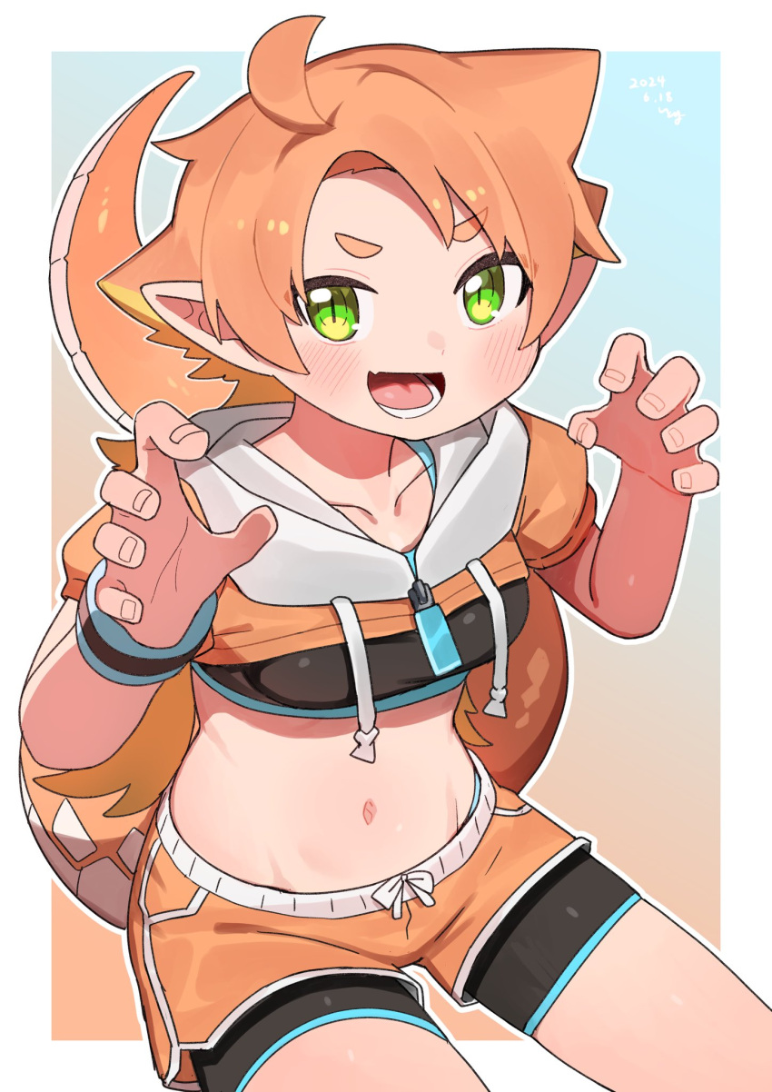 1girl, ahoge, bike_shorts, breasts, dolphin_shorts, flesh, gradient_background, green_eyes