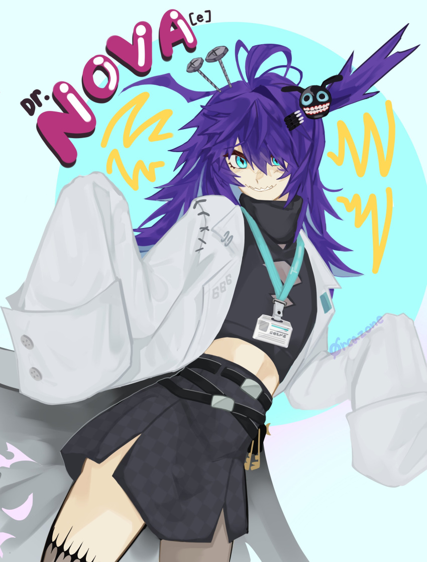 0rcazone, 1girl, absurdres, ahoge, black_shirt, black_skirt, blue_eyes, character_name