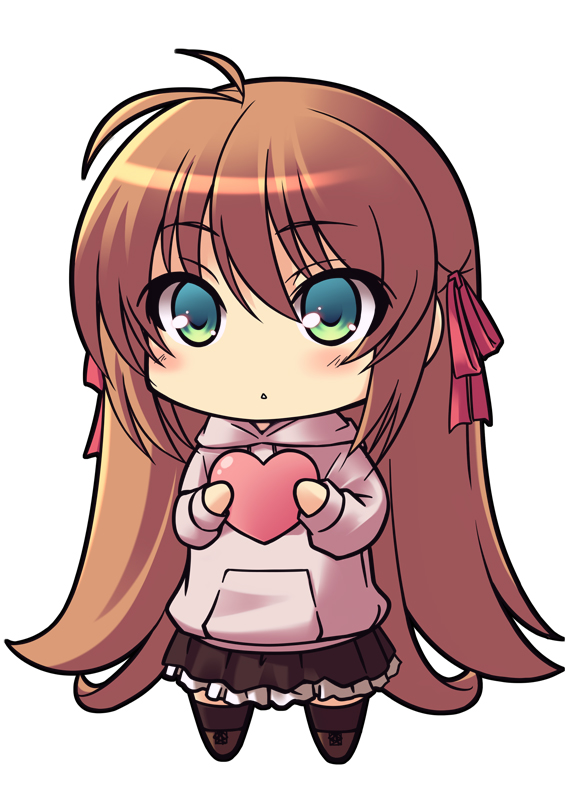 antenna_hair, aqua_eyes, brown_hair, chibi, green_eyes, hair_ribbon, heart, long_hair
