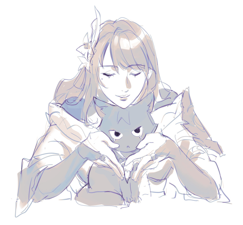 1girl, absurdres, aina_(mayexplode), animal, blunt_bangs, cat, closed_eyes, genshin_impact