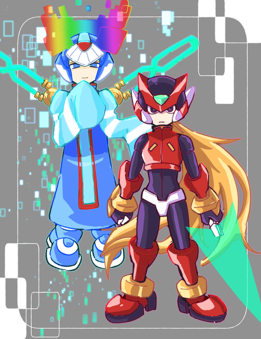 2boys, absurdres, armor, black_eyes, blonde_hair, blue_eyes, blue_helmet, cyber_elf_x_(mega_man)