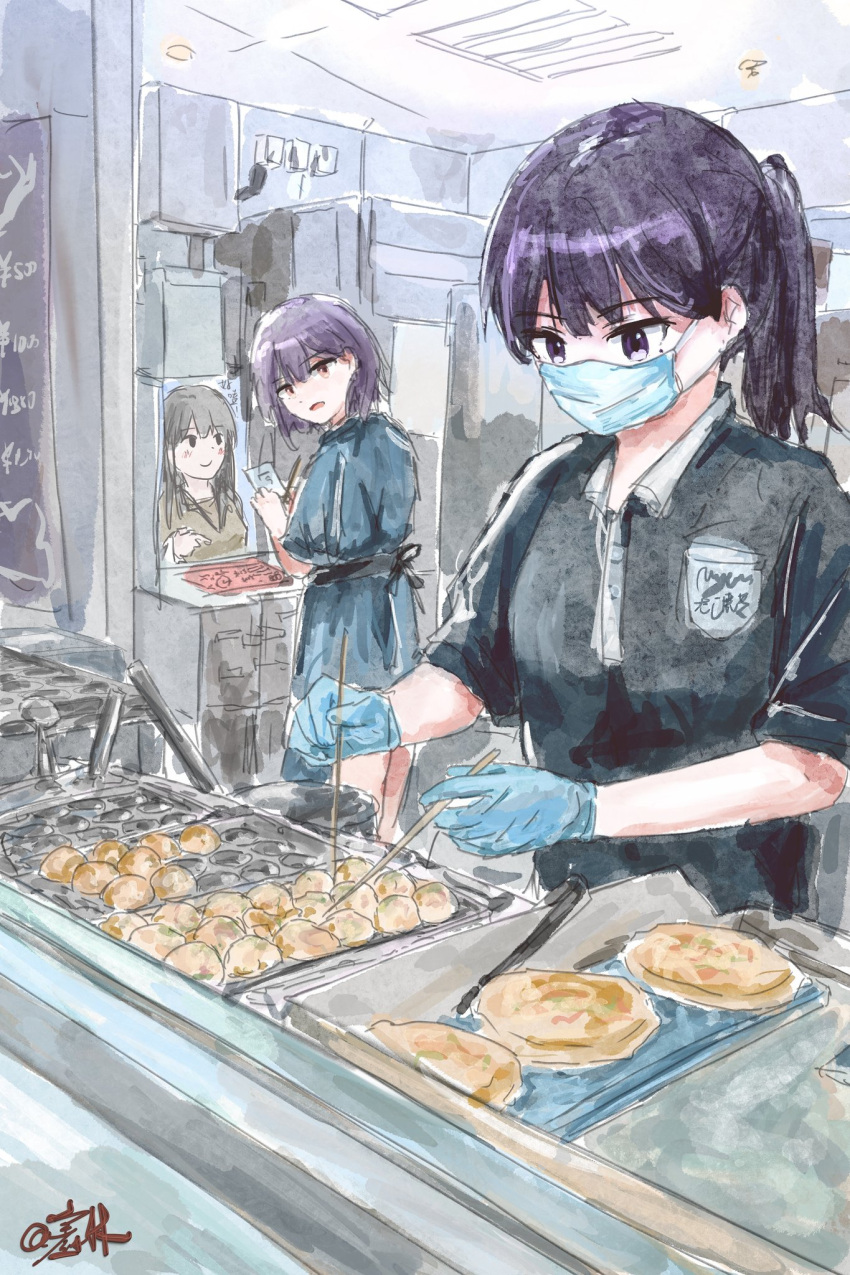 3girls, bang_dream!, bang_dream!_it's_mygo!!!!!, black_hair, black_shirt, blue_dress, blue_gloves, brown_eyes