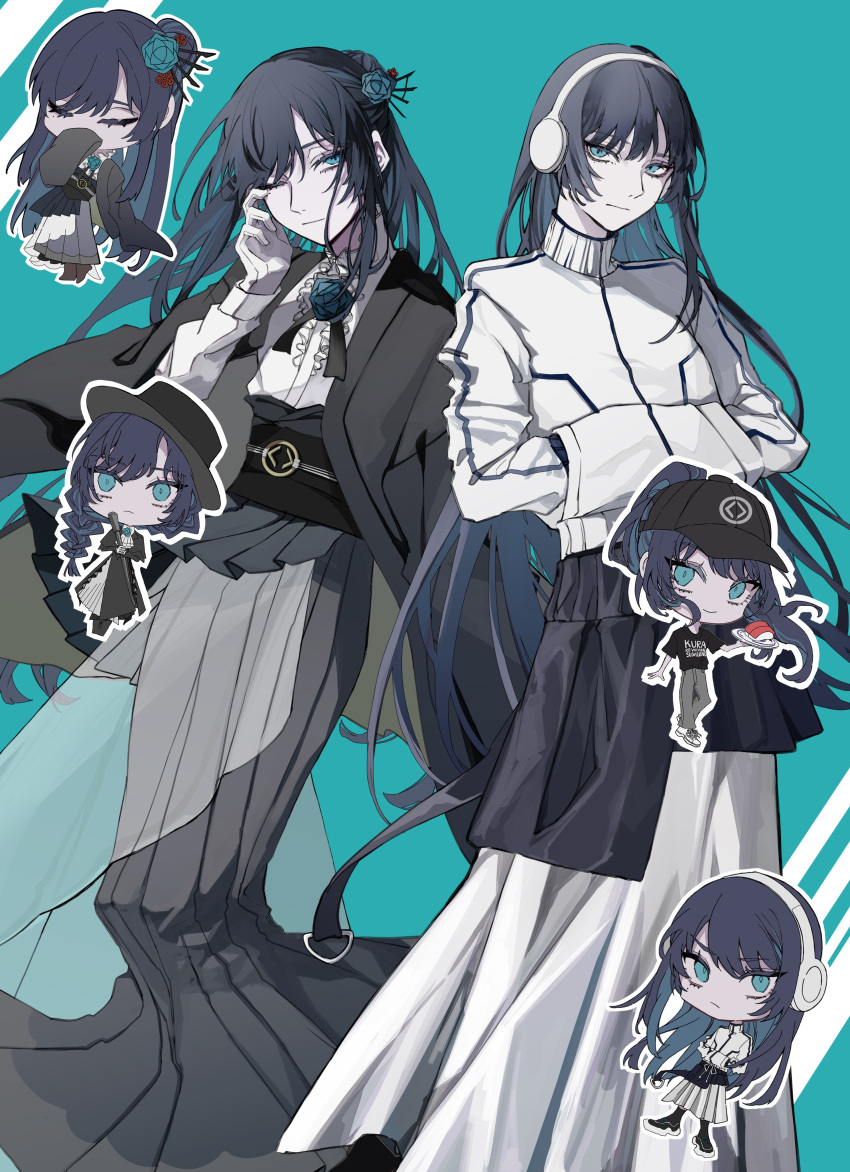 1girl, absurdres, ado_(utaite), aqua_background, bad_id, bad_twitter_id, black_baseball_cap, black_hair