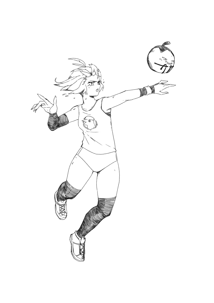 1girl, ahoge, alternate_costume, buruma, dokibird_(vtuber), dokibird_(vtuber)_(tomato), full_body, greyscale