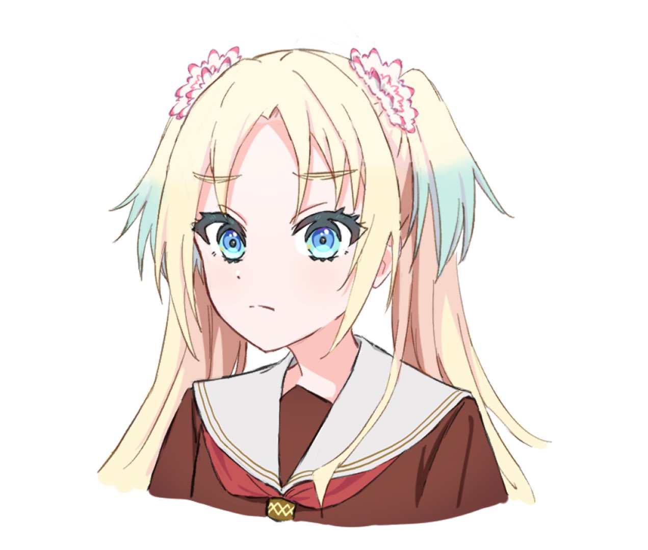 1girl, amane61115, aqua_hair, blonde_hair, blue_eyes, brown_dress, closed_mouth, commentary
