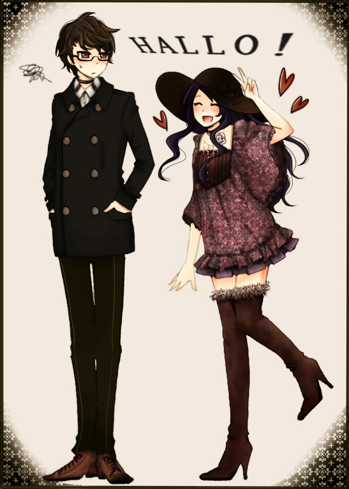 1girl, alternate_costume, alternate_hairstyle, b_(kana0816), black_hair, boots, choker, closed_eyes, couple, elsea_de_lute_irma, engrish, glasses, hat, kami_nomi_zo_shiru_sekai, katsuragi_keima, long_hair, ranguage, skirt, smile, thigh_boots, thighhighs