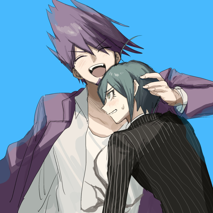 2boys, affectionate, ahoge, black_hair, blue_background, blush, closed_eyes, collarbone