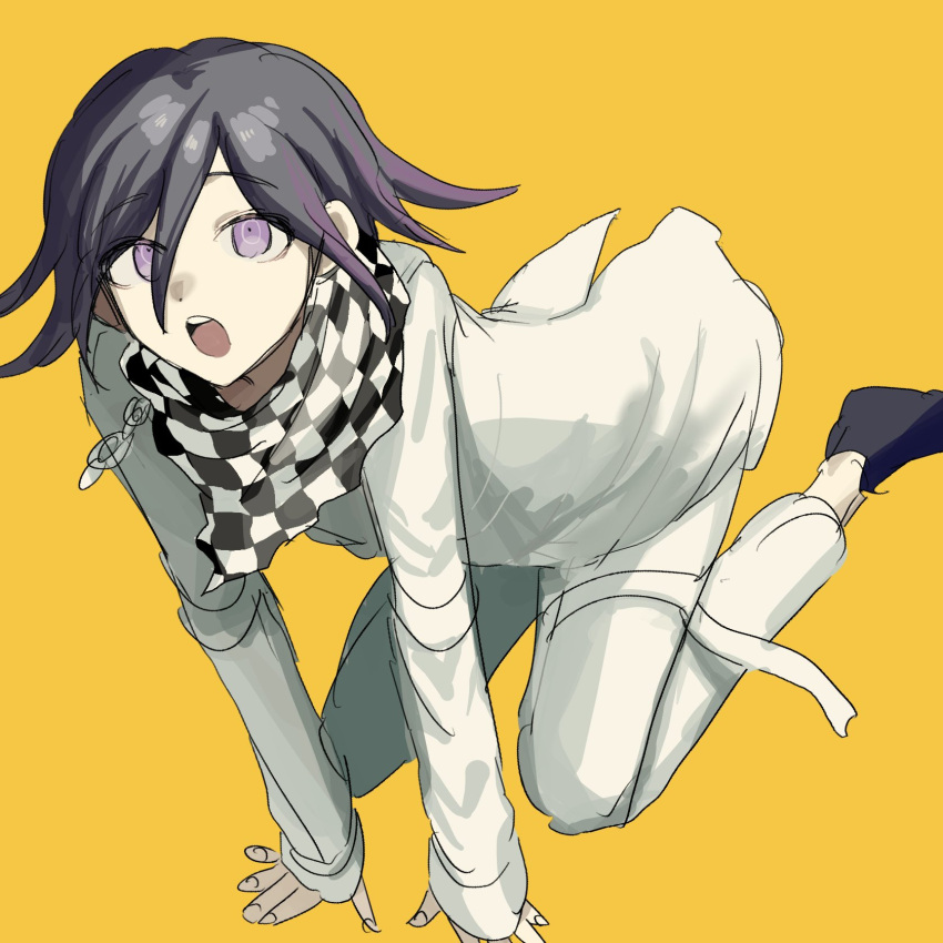 1boy, arm_belt, checkered_clothes, checkered_scarf, danganronpa_(series), danganronpa_v3:_killing_harmony, flipped_hair, hair_between_eyes