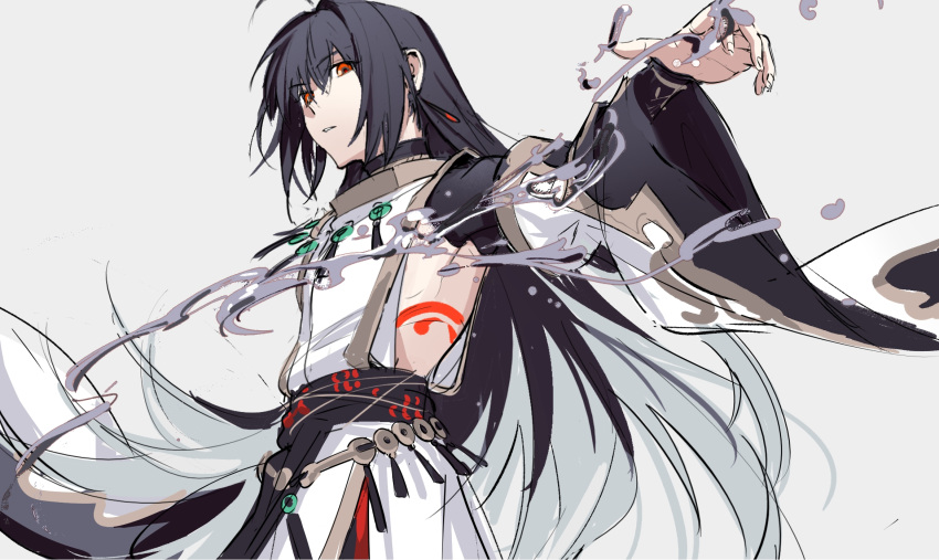 1other, ahoge, androgynous, black_hair, body_markings, detached_sleeves, earrings, fate/grand_order