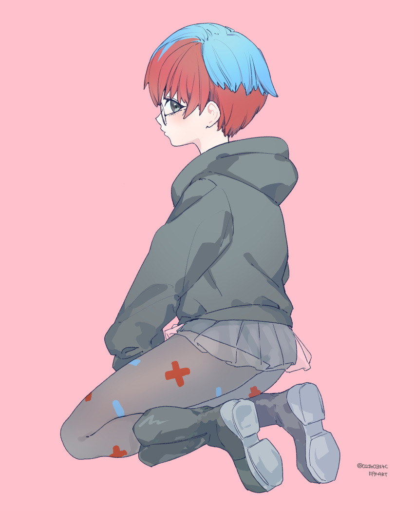 1girl, absurdres, blue_hair, commentary, from_side, full_body, glasses, grey_eyes, highres, hood, hood_down, hoodie, looking_at_viewer, multicolored_hair, penny_(pokemon), plus_sign_print, pokemon, pokemon_sv, redhead, see-through, see-through_skirt, shoe_soles, shorts, shorts_under_skirt, skirt, solo, two-tone_hair, valentine_(02140314c)