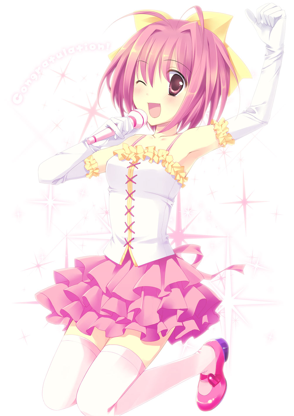 chany, elbow_gloves, gloves, highres, kami_nomi_zo_shiru_sekai, microphone, nakagawa_kanon, pink_eyes