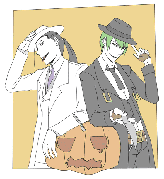 2girls, black_eyes, black_hair, blazblue, crossover, fedora, formal, fullmetal_alchemist
