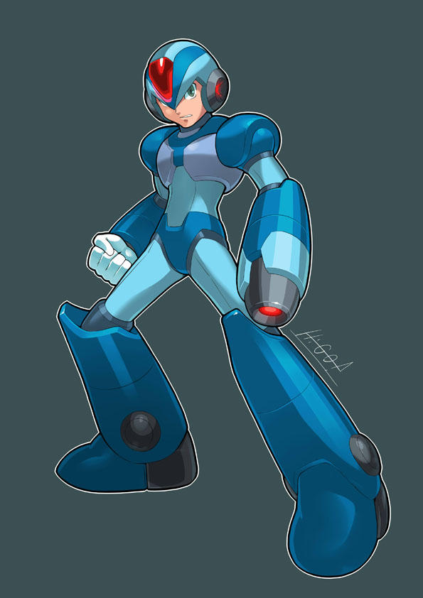 1boy, android, arm_cannon, clenched_hand, commentary_request, full_body, gloves, green_eyes, grey_background, helmet, hi-go!, male_focus, mega_man_(series), mega_man_x8, mega_man_x_(series), official_style, serious, signature, simple_background, solo, standing, weapon, white_gloves, x_(mega_man)