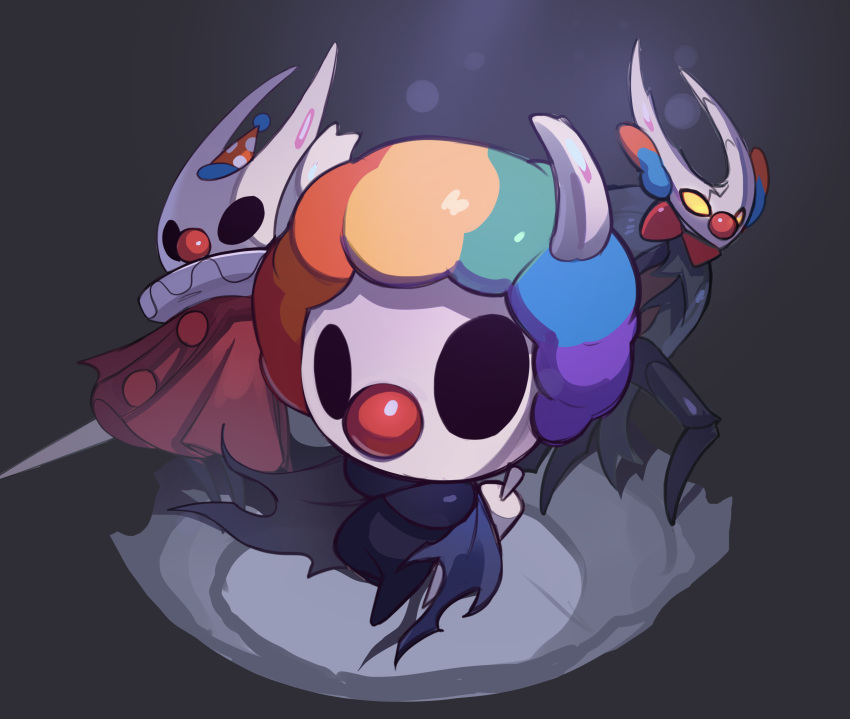 1girl, 2others, arthropod_girl, black_background, black_cloak, black_skin, blonde_hair, blue_hair, cloak, clown, clown_nose, colored_skin, green_hair, highres, holding, holding_weapon, hollow_eyes, hollow_knight, hollow_knight_(character), hornet_(hollow_knight), horns, knight_(hollow_knight), looking_at_viewer, multicolored_hair, multiple_others, nebura_(neburaart), no_humans, red_cloak, redhead, standing, weapon, yellow_eyes