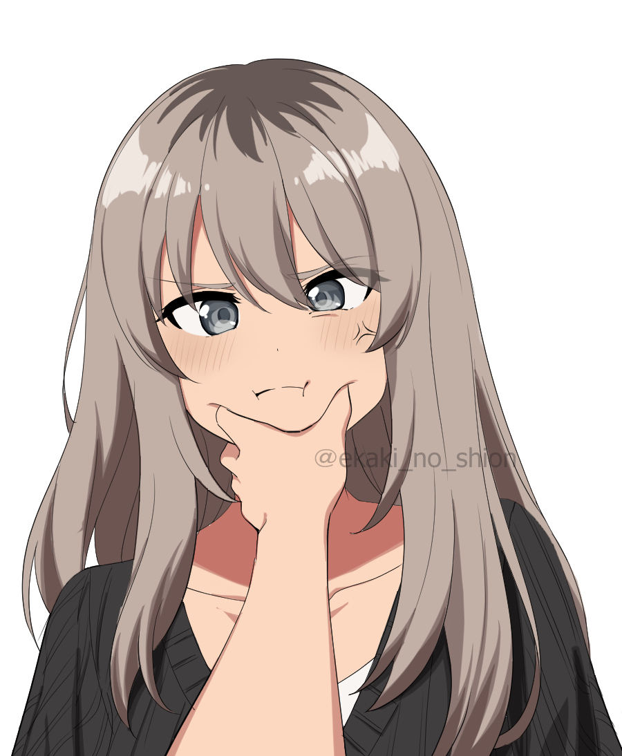 2girls, anger_vein, black_sweater, cheek_squash, closed_mouth, collarbone, commentary_request, ekaki_no_shion