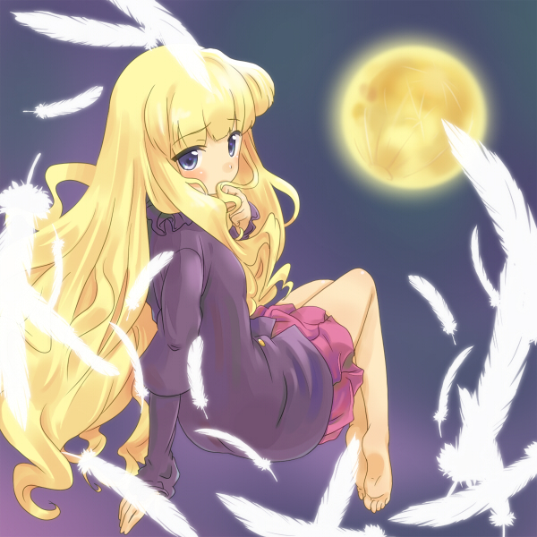 barefoot, blonde_hair, blue_eyes, blush, feathers, feet, full_moon, kami_nomi_zo_shiru_sekai