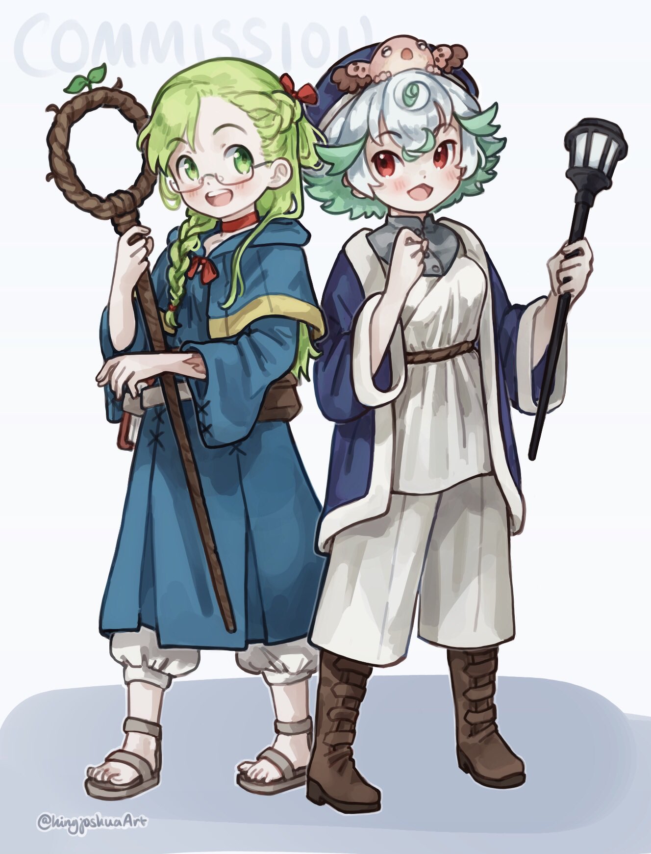 2girls, belt, blue_capelet, blue_coat, blue_robe, blush, boots, braid, brown_belt, brown_footwear, capelet, choker, coat, commentary_request, commission, cosplay, creature_on_head, dungeon_meshi, falin_touden, falin_touden_(cosplay), full_body, gladiator_sandals, gorget, green_eyes, green_hair, hand_up, hands_up, highres, holding, holding_staff, kingjoshua, long_hair, long_sleeves, made_in_abyss, marcille_donato, marcille_donato_(cosplay), meinya_(made_in_abyss), multicolored_hair, multiple_girls, open_mouth, pants, prushka, red_choker, red_eyes, red_ribbon, ribbon, riko_(made_in_abyss), robe, sandals, short_hair, sideways_glance, staff, standing, teeth, twitter_username, two-tone_hair, upper_teeth_only, white_background, white_pants, white_tunic