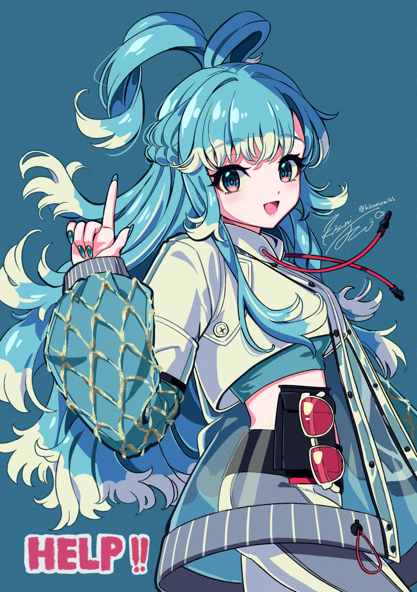 1girl, absurdres, blue_background, blue_eyes, blue_hair, blue_nails, blush, english_text, eyelashes, hand_up, highres, hololive, hololive_indonesia, hood, hoodie, jacket, kisumi_rei, kobo_kanaeru, kobo_kanaeru_(1st_costume), long_hair, long_sleeves, looking_at_viewer, multicolored_hair, open_mouth, pointing, ringed_eyes, see-through, signature, simple_background, sleeves_past_wrists, smile, solo, sunglasses, twitter_username, two-tone_hair, unworn_eyewear, upper_body, virtual_youtuber, white_hair, white_hoodie