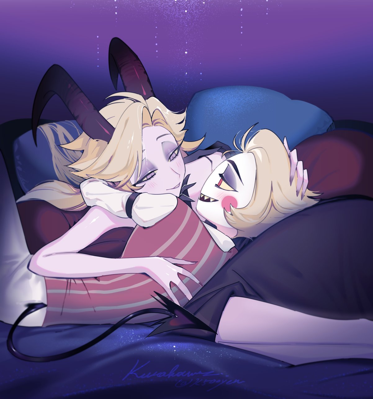 1boy, 1girl, blonde_hair, couple, demon_boy, demon_girl, demon_horns, demon_tail, face-to-face, hazbin_hotel, highres, horns, hug, husband_and_wife, k500yen, lilith_(hazbin_hotel), lucifer_morningstar_(hazbin_hotel), lying, tail