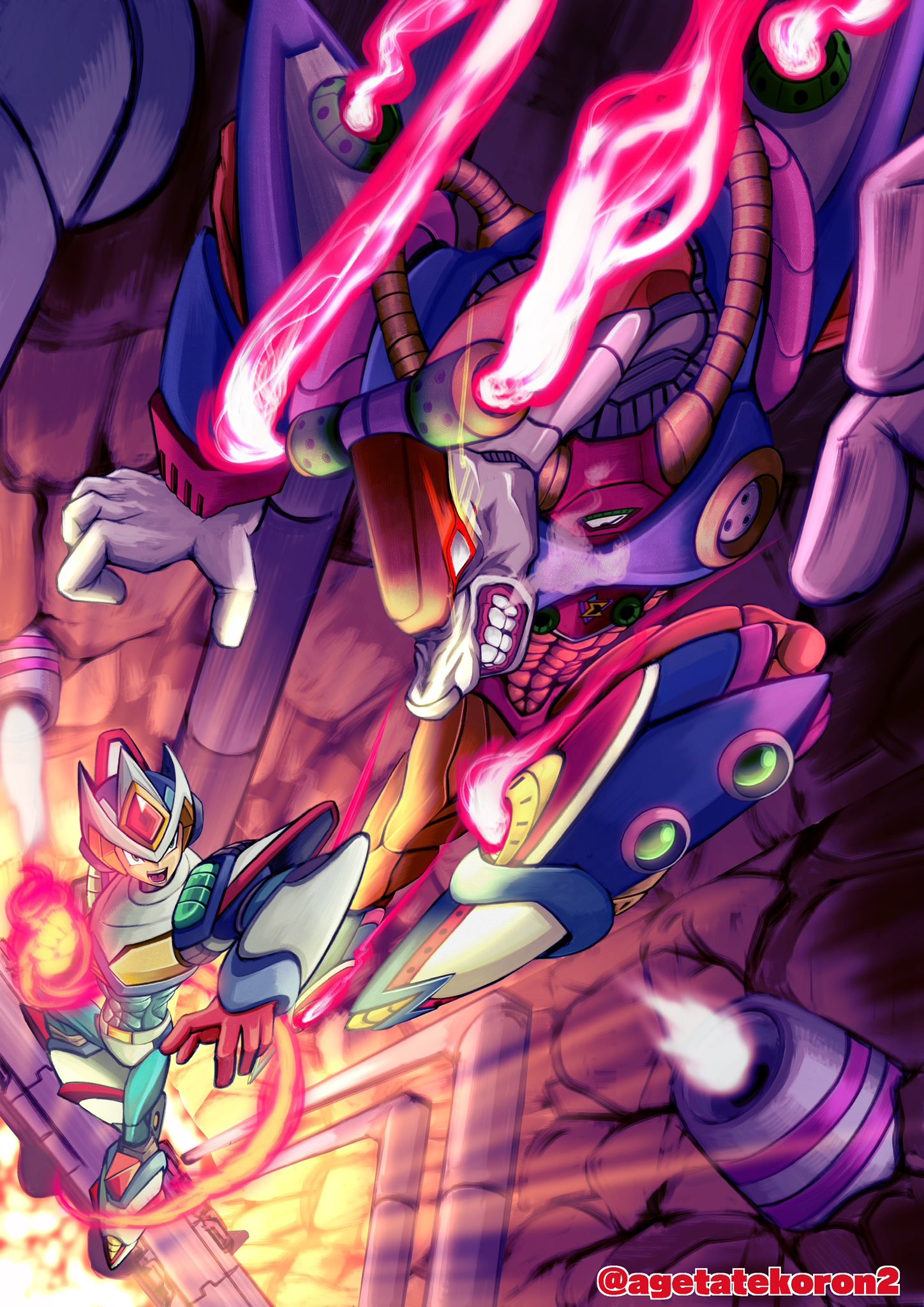 2boys, agetatekoron2, antlers, armor, deer, flame_stag, flaming_hand, flying_kick, forehead_jewel, helmet, highres, horns, kicking, male_focus, mega_man_(series), mega_man_x_(series), multiple_boys, open_mouth, parted_lips, second_armor_x_(mega_man), shouryuuken, teeth, twitter_username, uppercut, white_armor, white_helmet, x_(mega_man)