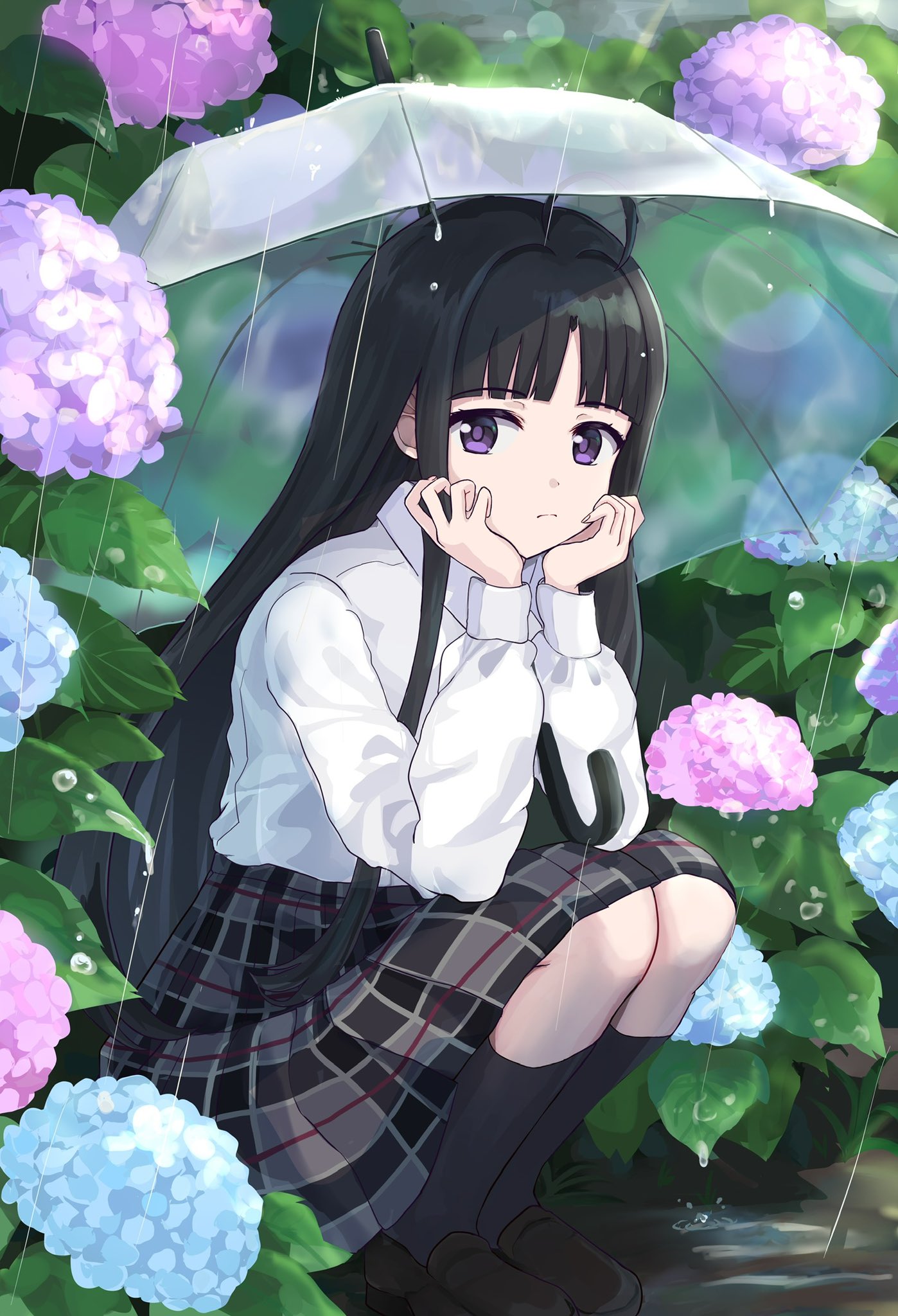 1girl, awa_subaru, black_hair, black_skirt, black_socks, closed_mouth, collared_shirt, commentary