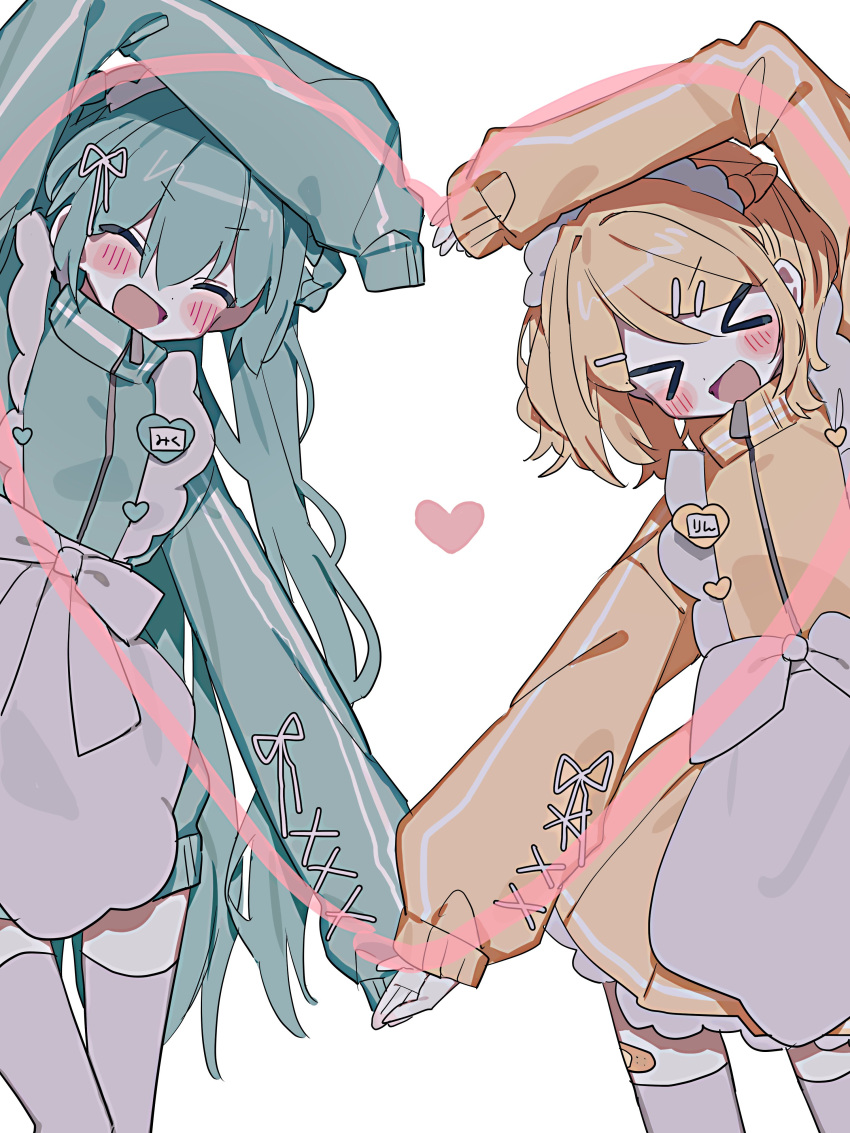 >_<, 2girls, absurdres, ameno_(motiizamurai), apron, aqua_hair, bandaid, blonde_hair