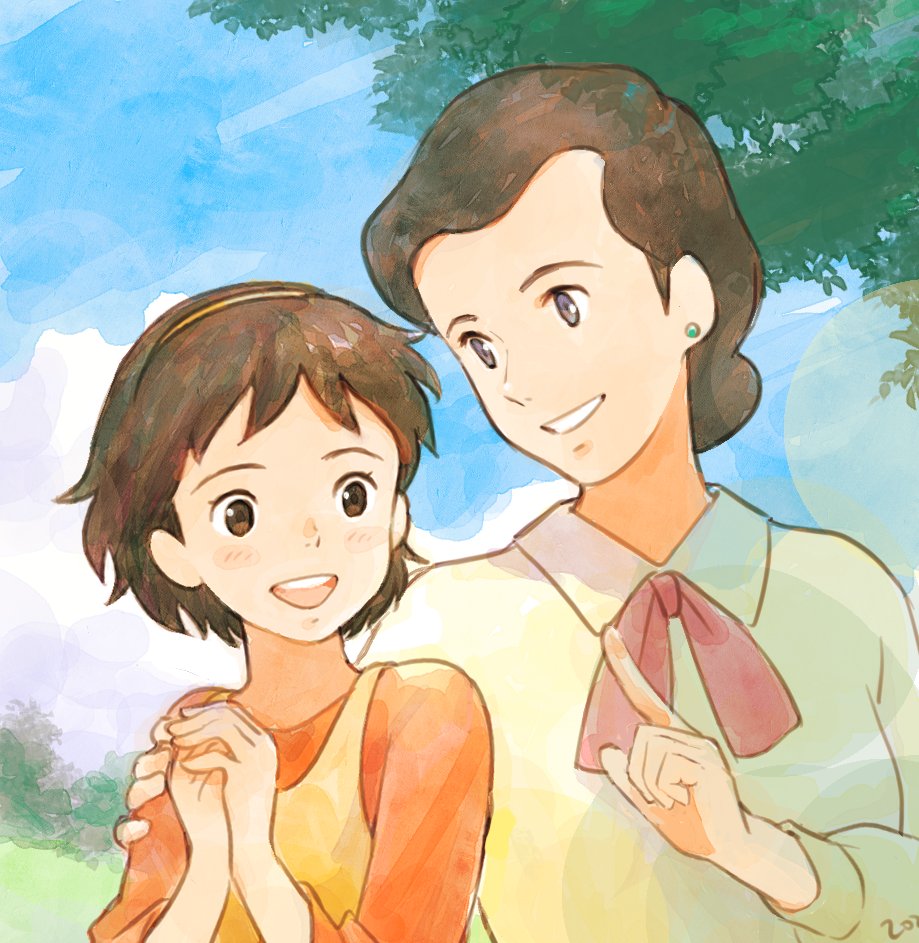 2girls, :d, annie_harding, brown_eyes, brown_hair, clouds, earrings, jewelry, multiple_girls, open_mouth, outdoors, ribbon, shirt, short_hair, sky, smile, tree, upper_body, wakakusa_monogatari_nan_to_jou_sensei, world_masterpiece_theater, yume_meisaku