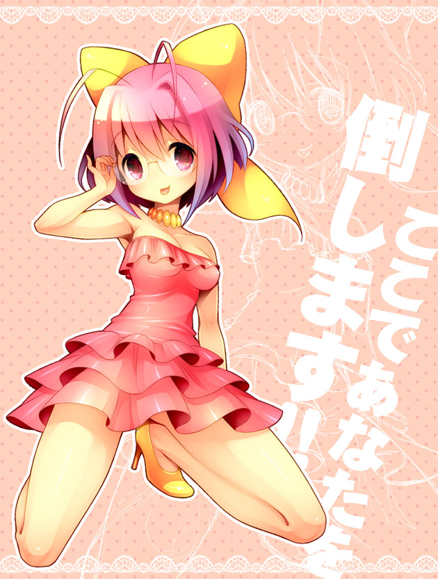 :p, alluviju, antenna_hair, armpits, bare_shoulders, choker, dress, ebisawa_(alluviju), glasses, high_heels, kami_nomi_zo_shiru_sekai, minidress, nakagawa_kanon, pink_eyes, pink_hair, shoes, short_hair, sleeveless, solo, tongue