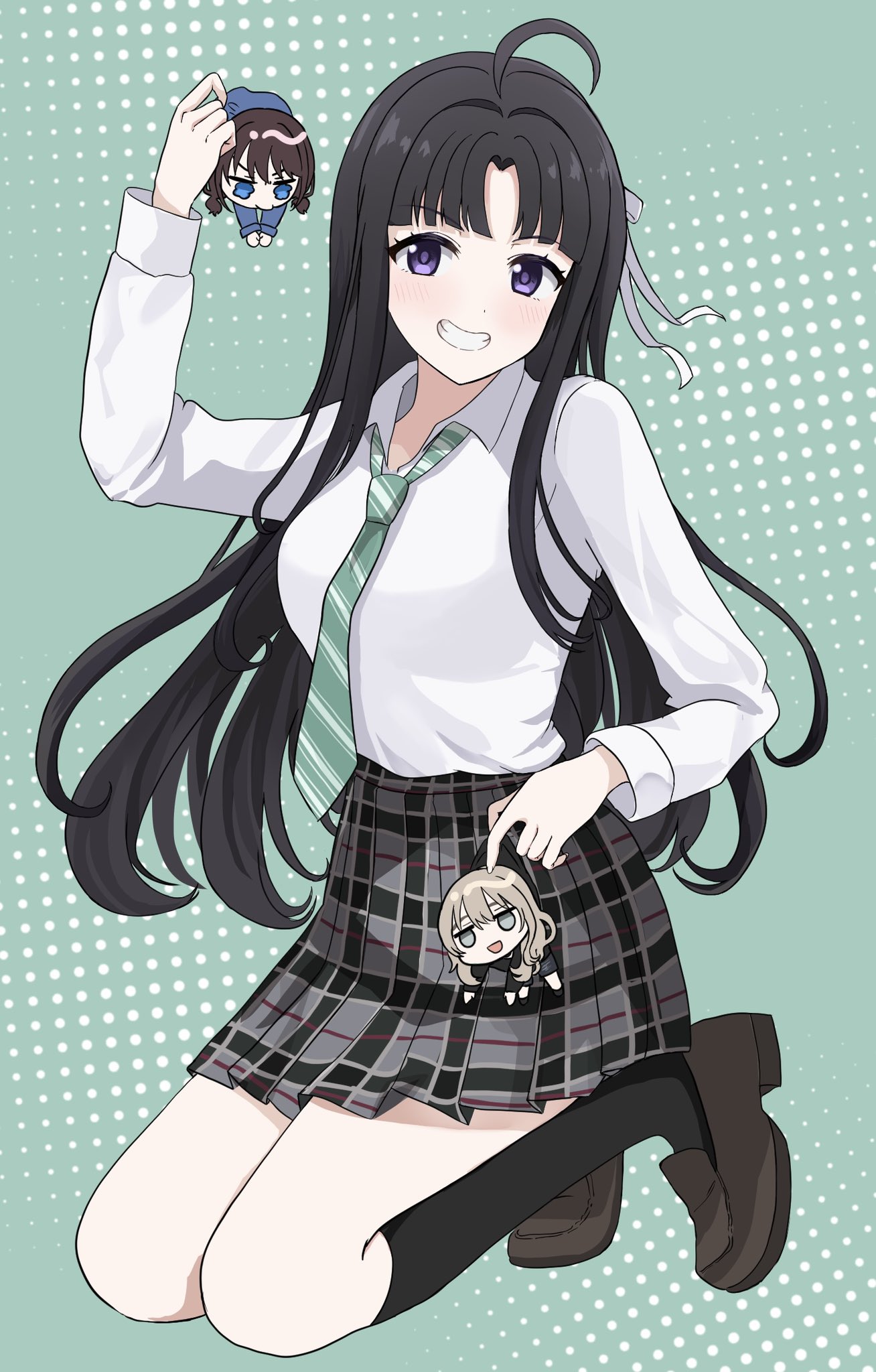 3girls, aqua_background, awa_subaru, black_hair, black_skirt, black_socks, blush, brown_footwear, brown_hair, collared_shirt, commentary, girls_band_cry, green_necktie, grin, hair_ribbon, highres, iseri_nina, kawaragi_momoka, kneehighs, kneeling, light_brown_hair, loafers, long_hair, mini_person, minigirl, multiple_girls, necktie, open_mouth, plaid, plaid_skirt, pleated_skirt, ribbon, rusan_(lllruton), school_uniform, shirt, shoes, short_twintails, skirt, smile, socks, twintails, violet_eyes, white_ribbon, white_shirt