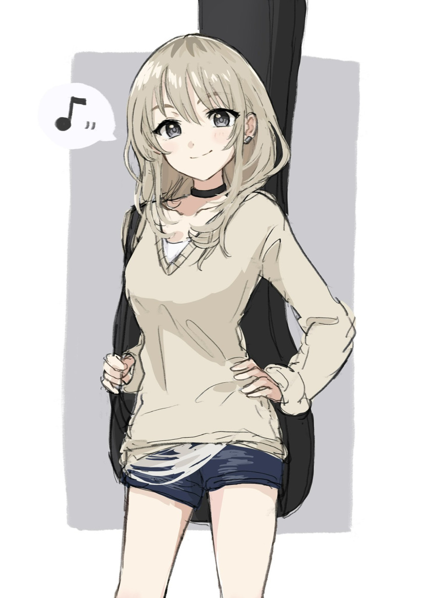1girl, black_choker, blue_shorts, brown_sweater, choker, closed_mouth, earclip, eighth_note