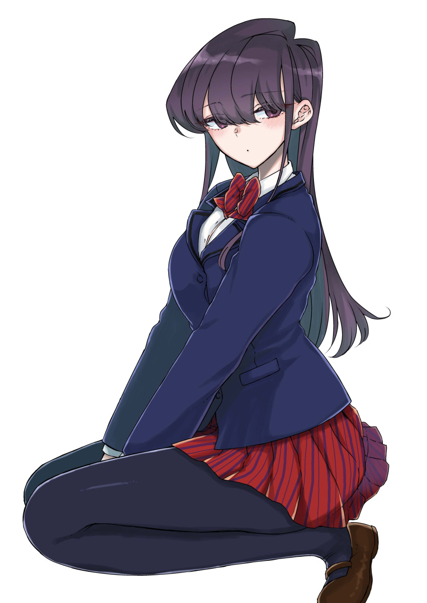 1girl, absurdres, black_eyes, black_hair, black_pantyhose, blue_jacket, blush, bow, bowtie, breasts, brown_footwear, diagonal-striped_bow, diagonal-striped_bowtie, diagonal-striped_clothes, diagonal-striped_skirt, highres, hirota_masatane, itan_private_high_school_uniform, jacket, kneeling, komi-san_wa_komyushou_desu, komi_shouko, large_breasts, loafers, long_hair, long_sleeves, looking_at_viewer, pantyhose, school_uniform, shirt, shoes, simple_background, skirt, solo, striped_clothes, violet_eyes, white_background, white_shirt