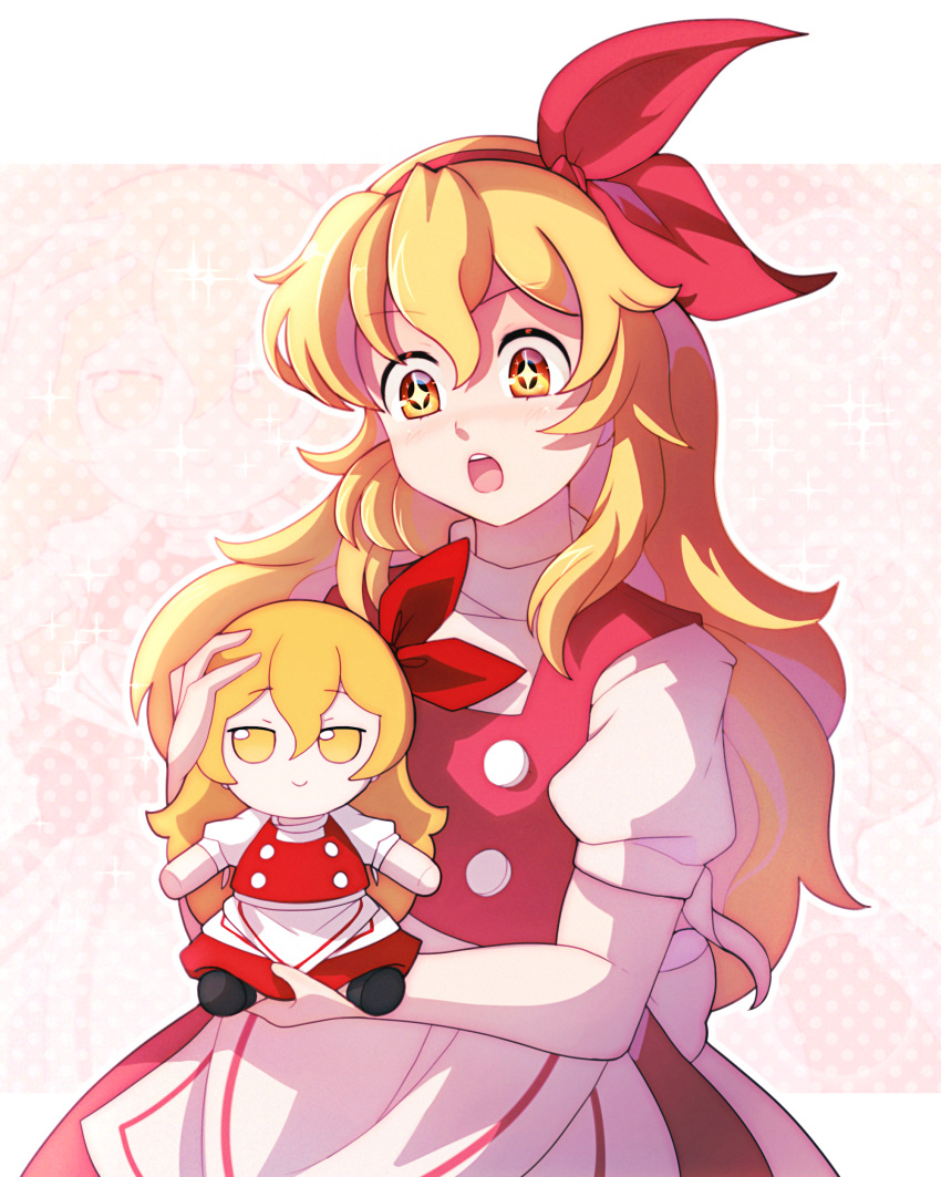 +_+, 1girl, :o, absurdres, apron, back_bow, blonde_hair, bow