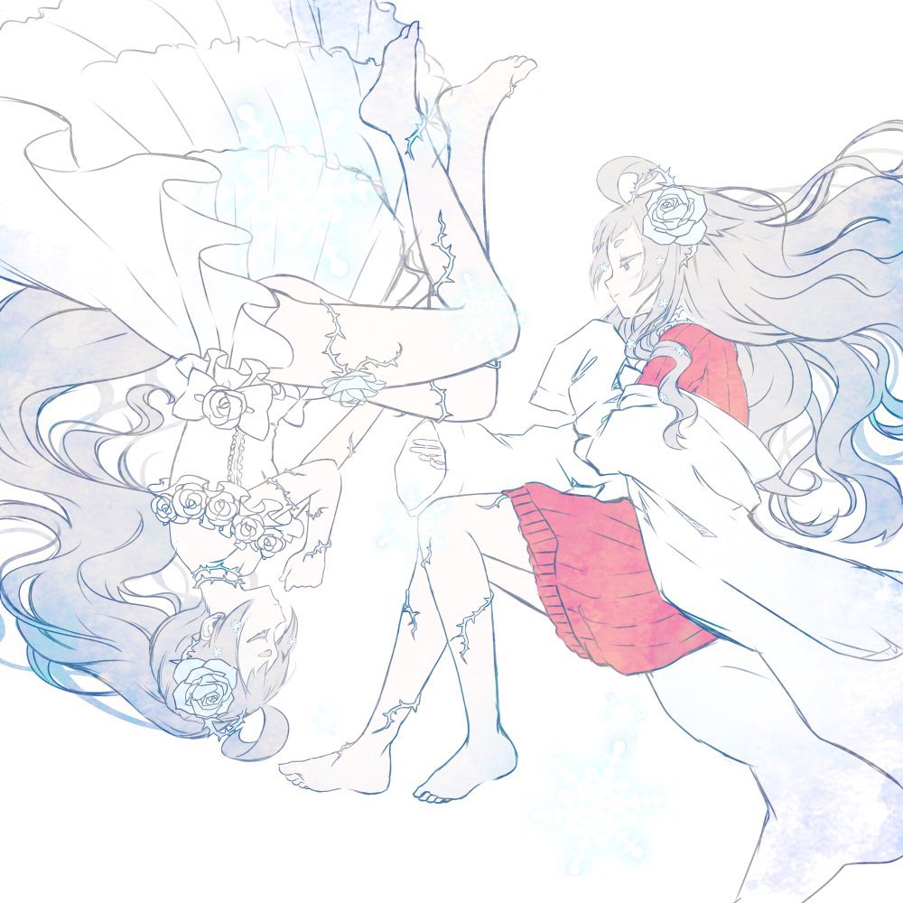 2girls, ahoge, bare_shoulders, barefoot, blunt_bangs, choker, closed_eyes, colored_eyelashes, dress, fetal_position, flower, frills, from_side, full_body, grey_hair, hair_flower, hair_ornament, half-closed_eyes, jacket, legs_together, long_hair, looking_at_another, lying, multiple_girls, nayuki_niika, red_skirt, ribbon, rose, short_eyebrows, side_ponytail, sidelocks, simple_background, skirt, sleeves_past_wrists, thorns, thorns_chocker, wavy_hair, white_background, white_dress, white_eyelashes, white_jacket