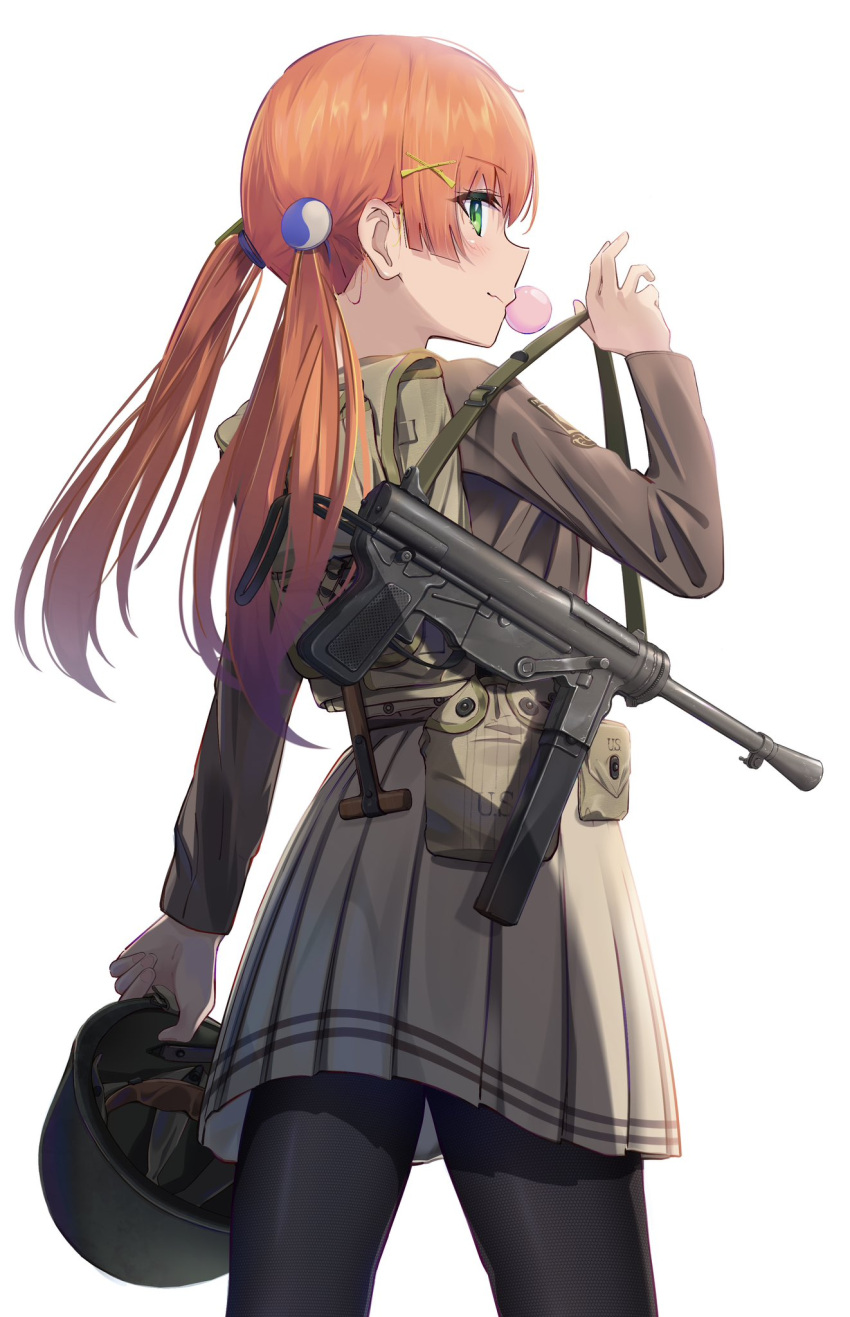 1girl, black_pantyhose, brown_jacket, brown_skirt, combat_helmet, from_behind, gun, helmet