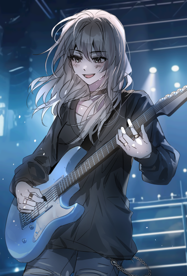1girl, black_choker, black_shirt, blue_pants, blush, choker, commentary_request, denim, electric_guitar, girls_band_cry, grey_eyes, grey_hair, guitar, instrument, jeans, jewelry, kawaragi_momoka, korean_commentary, long_hair, long_sleeves, multiple_rings, open_mouth, pants, playing_guitar, psychederhythm_psychomaster, ring, shirt, smile, soha_blan, solo, stage, sweat