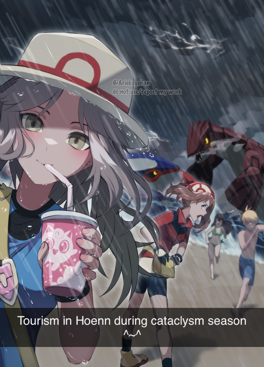 1boy, 3girls, ariekochan, bandana, battle, bikini, black_shorts, blonde_hair, blue_shirt, blue_swim_trunks, blurry, blurry_background, blush, breasts, brown_hair, cup, drinking_straw, english_commentary, english_text, fleeing, green_bikini, groudon, hat, highres, holding, holding_cup, jacket, kyogre, leaf_(pokemon), long_hair, may_(pokemon), medium_breasts, multiple_girls, pokemon, pokemon_(anime), pokemon_frlg, pokemon_rse, rain, red_bandana, red_jacket, running, selfie, shirt, short_hair, shorts, storm, swimsuit, twitter_username, watermark, white_hat