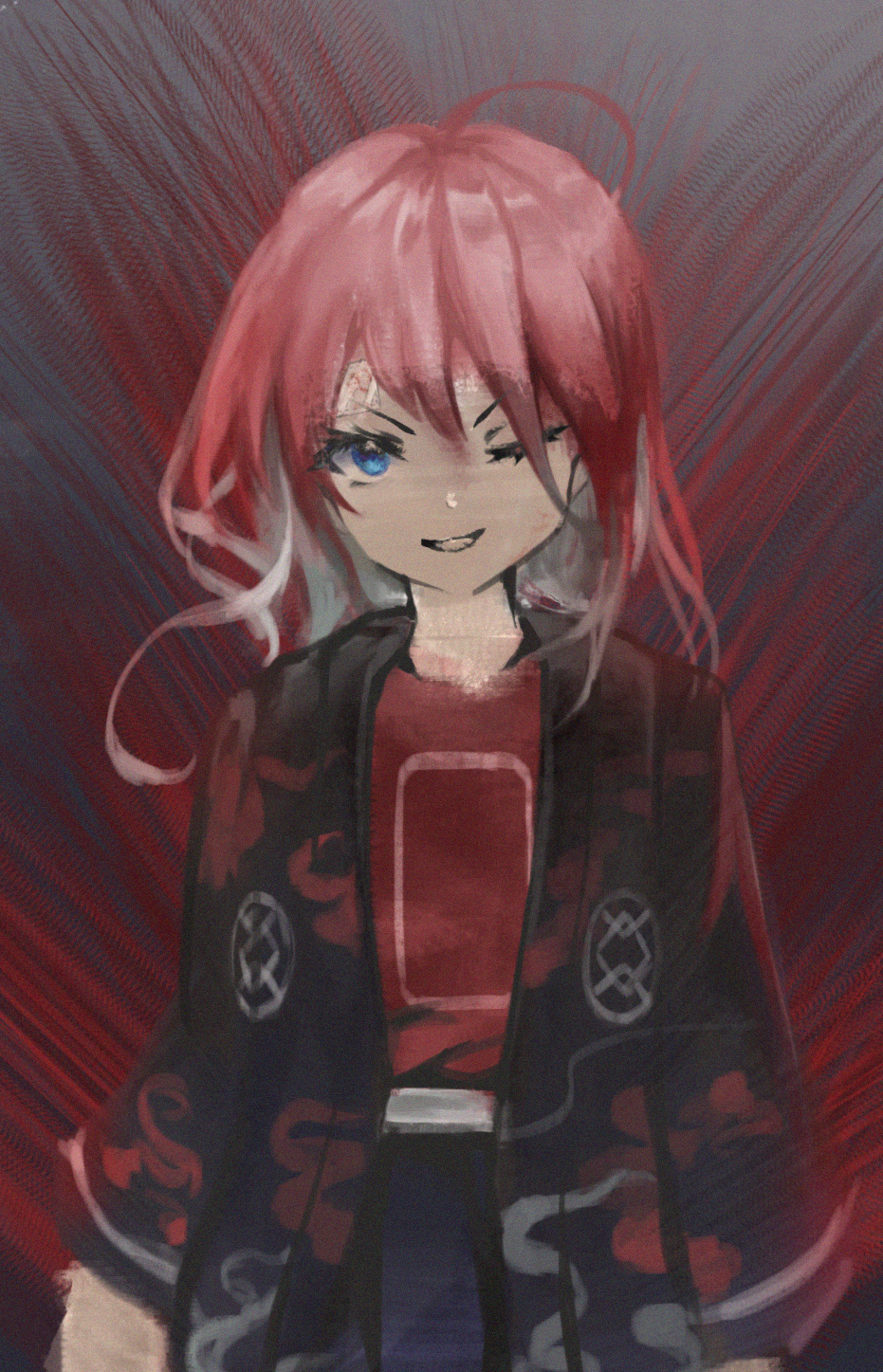 1girl, bandaid, bandaid_on_face, bandaid_on_forehead, black_happi, blue_eyes, blue_hair, brown_hair
